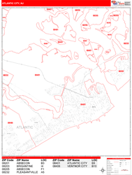 Atlantic City Wall Map Zip Code Red Line Style 2024